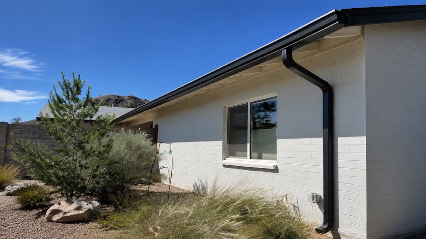 Black seamless gutter on a white brick desert modern home with mountain backdrop, Arizona