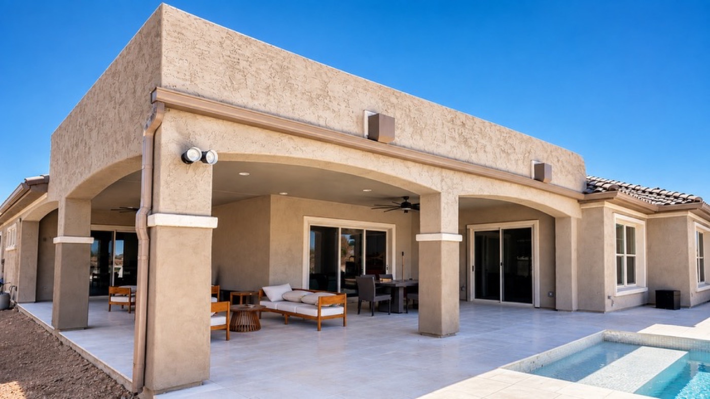 Seamless gutter and box downspouts on a flat parapet roof above a covered patio and pool, Arizona