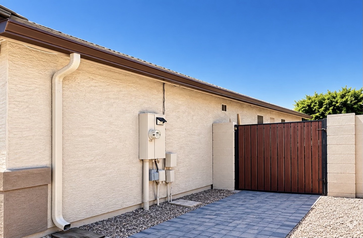 Seamless gutter and downspout along a tan stucco side elevation next to a gated entry, Arizona